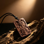 Hand Carved Taoist Wood Plaque Amulet with Cloud Frame, Zhang Tianshi Spiritual Protection Wooden Talisman Necklace