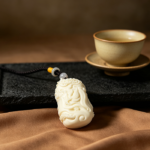 Hand Carved Guan Gong Head Relief Tablet, Ivory White God of Wealth Amulet Necklace
