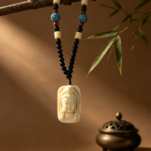 Hand Carved Kwan Yin Head Relief Tablet, Ivory White Buddhist Amulet Necklace