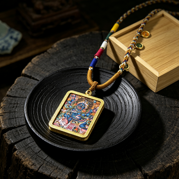 Handcrafted Black Jambhala Thangka Ghau Locket, Traditional Tibetan Wealth God Amulet Necklace