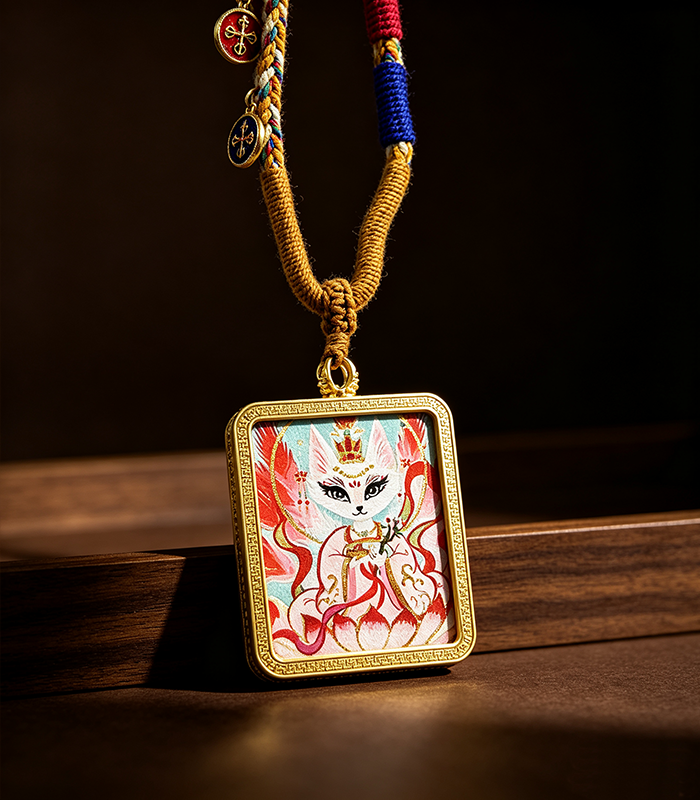 4 Nine-Tailed Fox Immortal Pink Style Thangka Ghau Box Pendant, Charm & Blessing Spiritual Amulet - 图片 1