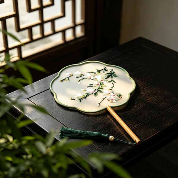 Yulan Magnolia Su Embroidery Crabapple Shape Round Fan, Chinese Double Sided Silk Palace Hand Fan