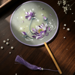 Purple Lotus Su Embroidery Round Fan, Double Sided Chinese Vintage Silk Palace Hand Fan