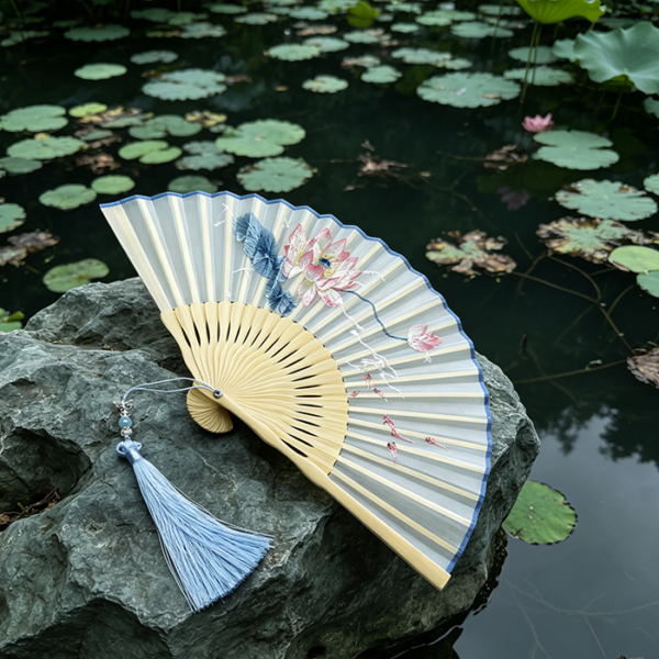Lotus Koi Embroidery Bamboo Folding Fan, Chinese Vintage Oriental Foldable Hand Fan